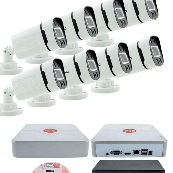 8'li Güvenlik IP Kamera Seti - 4MP Dış Mekan Kamera, 3.6mm Lens, H.265, PoE, Warm IR Gece Görüşü