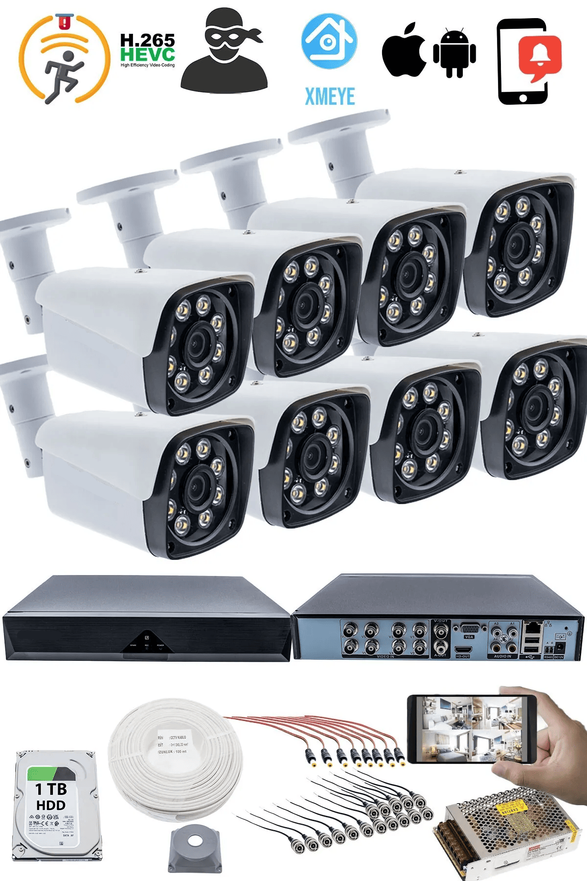 8'li Güvenlik Kamerası Seti - 5MP Sony SecuLensli 1080P Full HD AHD, 8 Ultra Warm LED, Gece Görüşlü